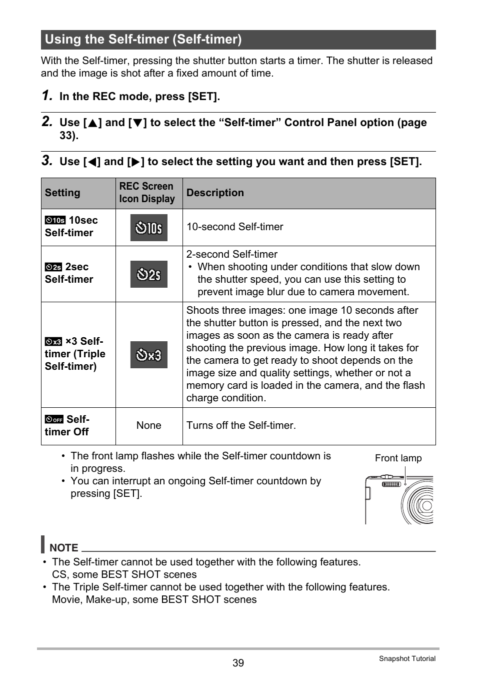 Using the self-timer (self-timer) | Casio EX-ZS50 User Manual | Page 39 / 133