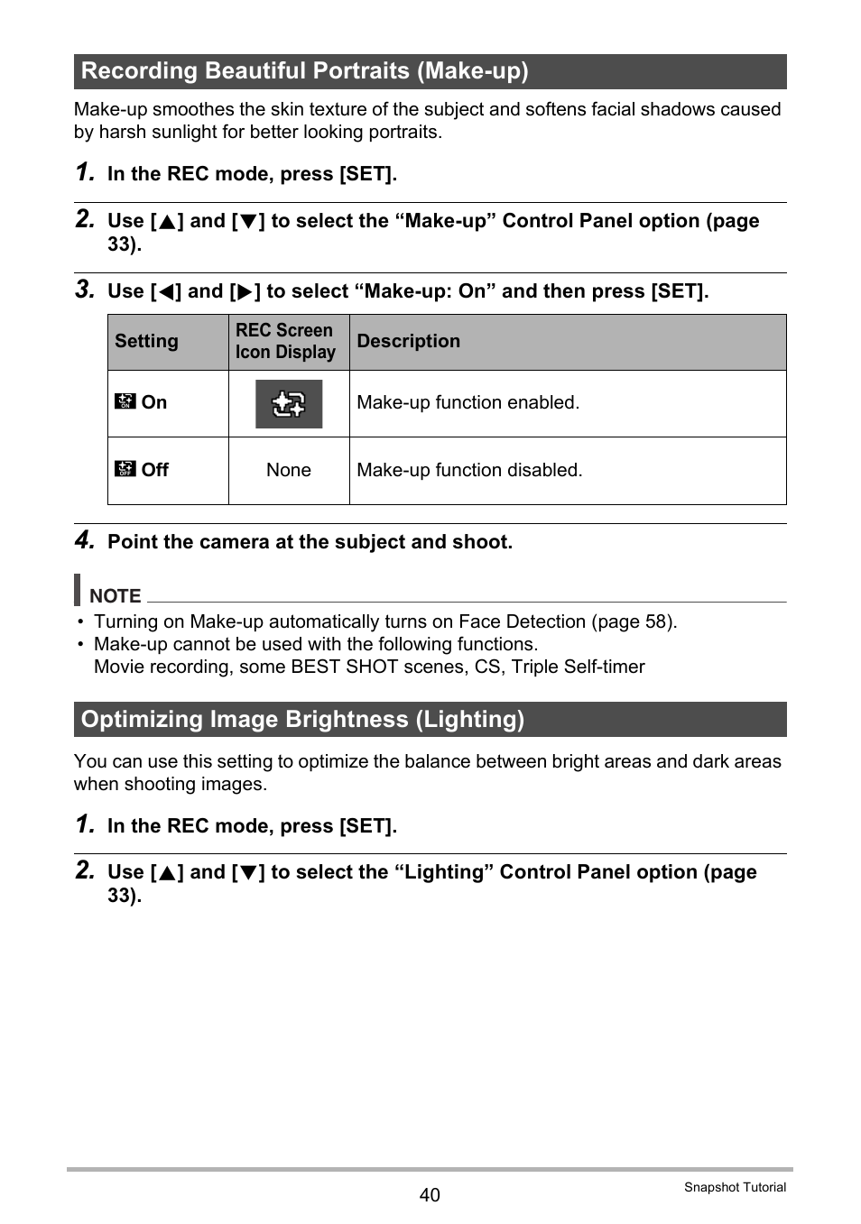 Recording beautiful portraits (make-up), Optimizing image brightness (lighting) | Casio EX-ZS50 User Manual | Page 40 / 133