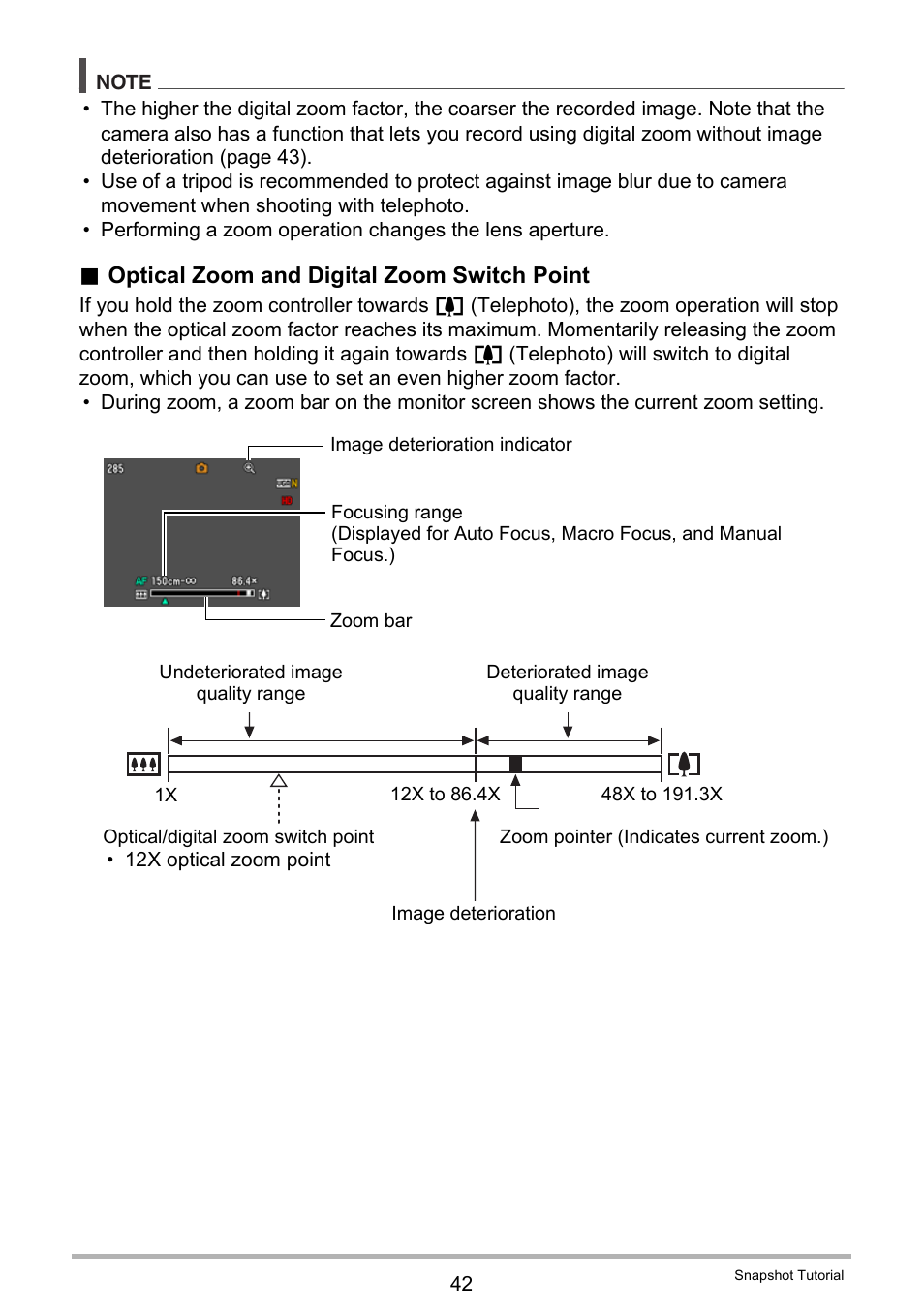 Optical zoom and digital zoom switch point | Casio EX-ZS50 User Manual | Page 42 / 133