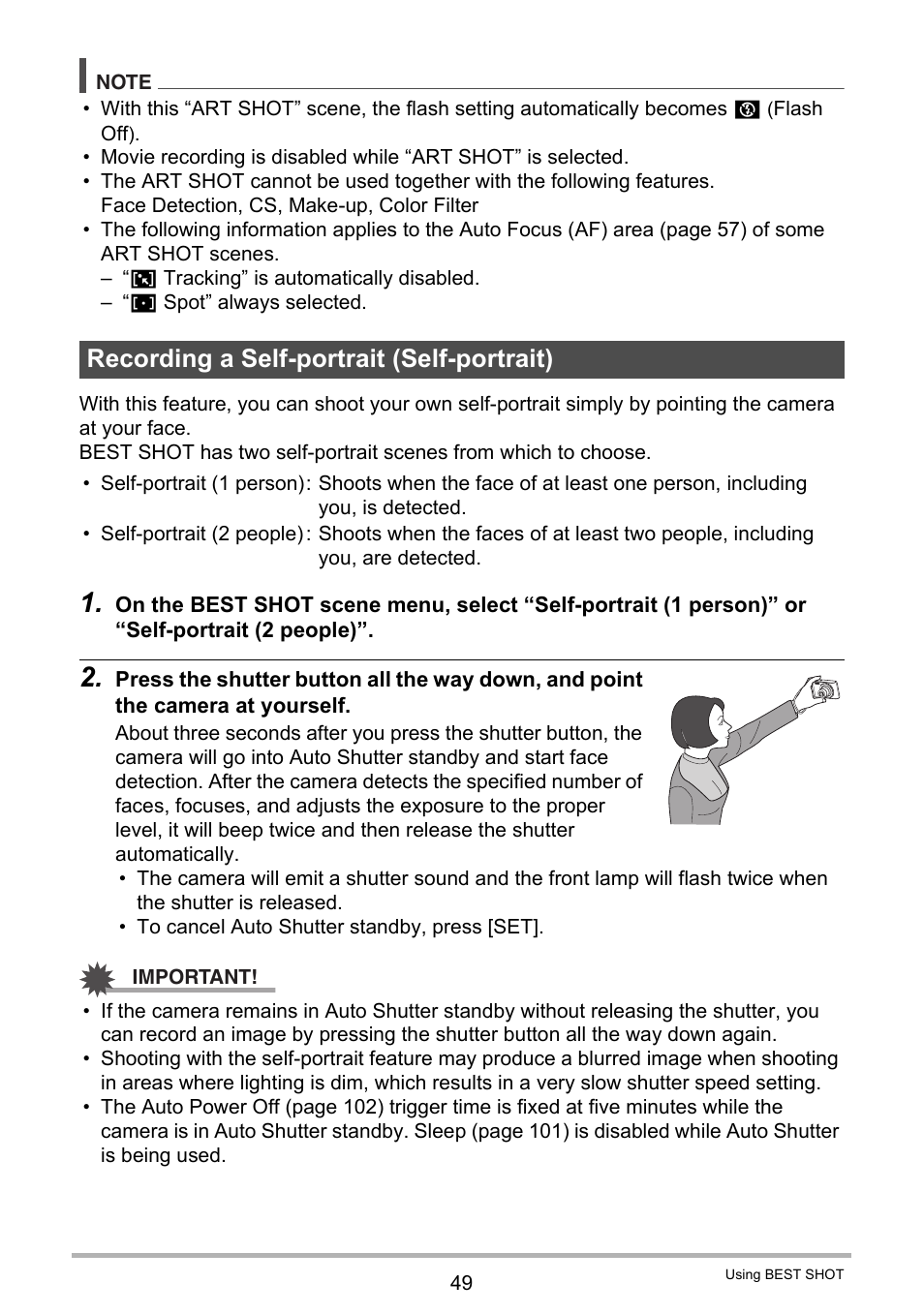 Recording a self-portrait (self-portrait) | Casio EX-ZS50 User Manual | Page 49 / 133