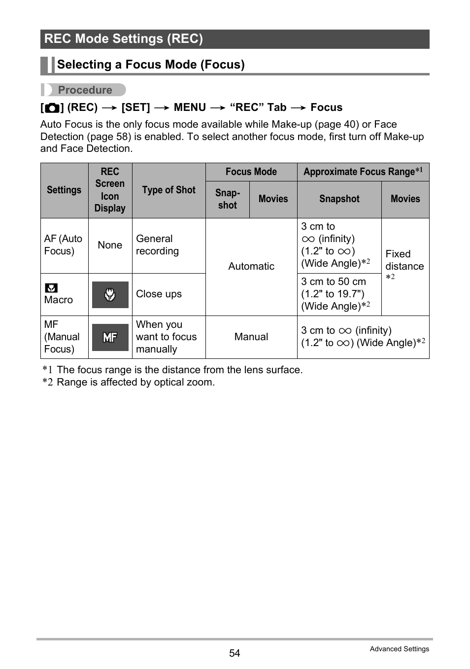 Rec mode settings (rec), Selecting a focus mode (focus) | Casio EX-ZS50 User Manual | Page 54 / 133