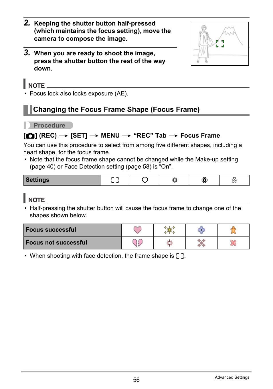 Changing the focus frame shape (focus frame) | Casio EX-ZS50 User Manual | Page 56 / 133