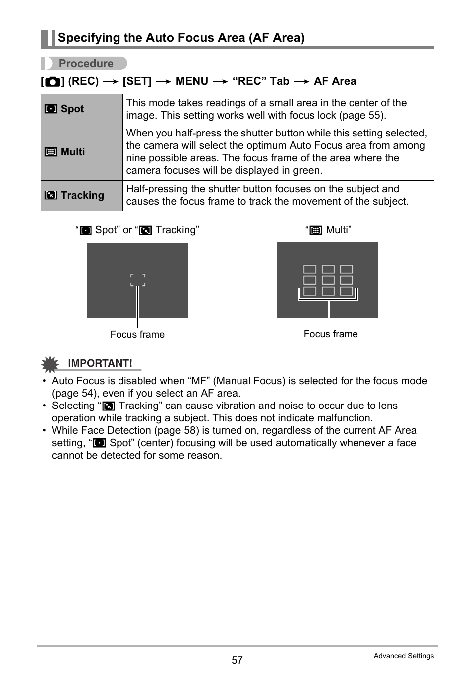 Specifying the auto focus area (af area), Ge 57) fo | Casio EX-ZS50 User Manual | Page 57 / 133