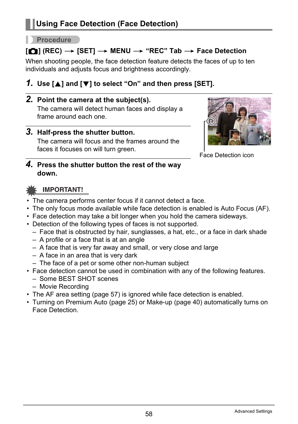 Using face detection (face detection) | Casio EX-ZS50 User Manual | Page 58 / 133