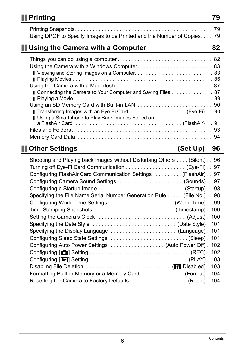 Printing 79, Using the camera with a computer 82, Other settings (set up) 96 | Casio EX-ZS50 User Manual | Page 6 / 133