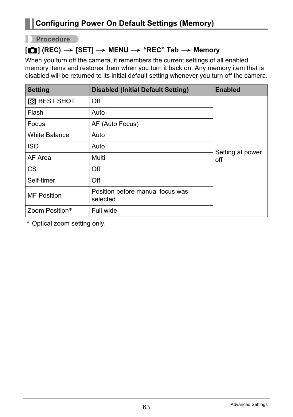 Configuring power on default settings (memory) | Casio EX-ZS50 User Manual | Page 63 / 133