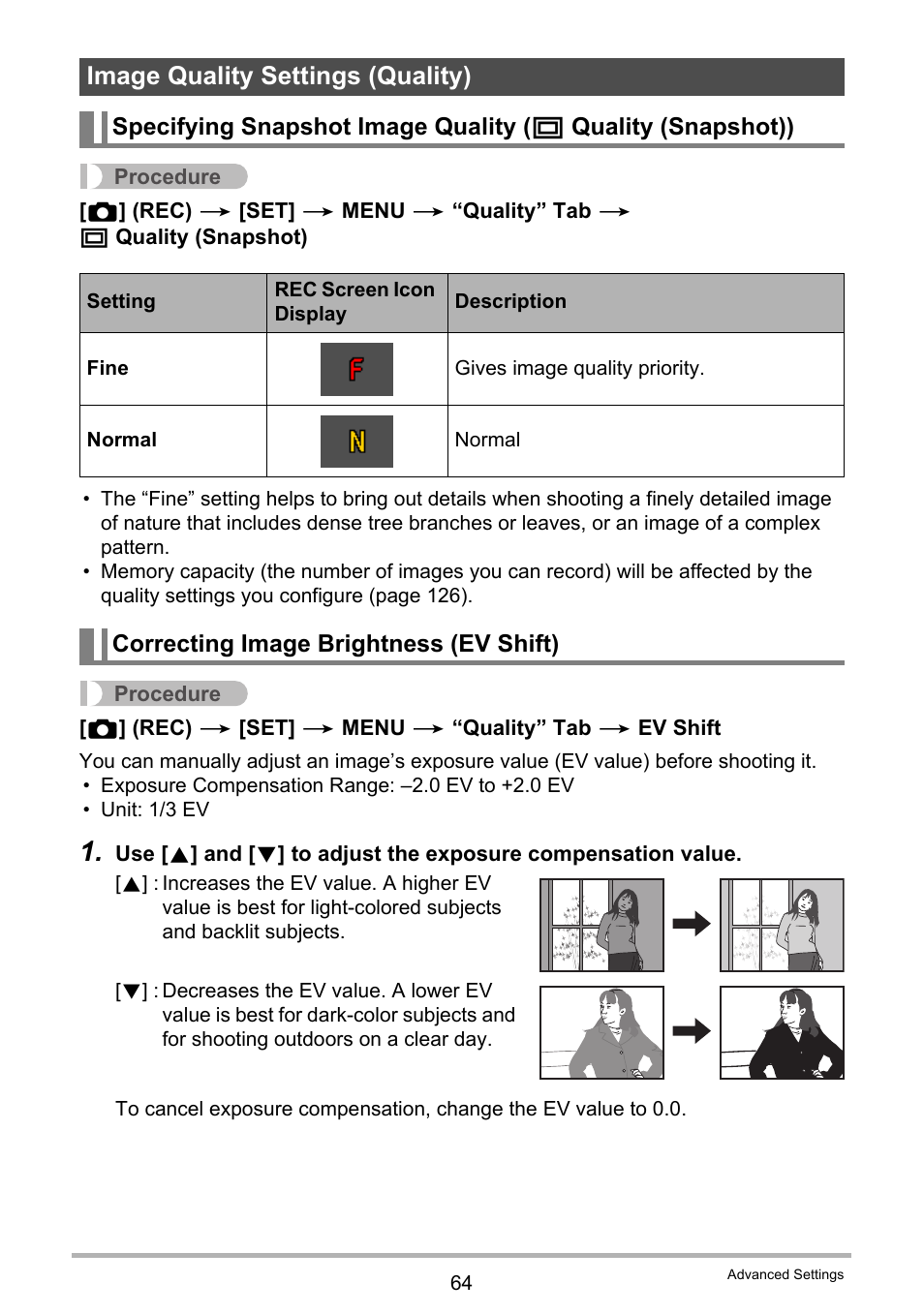 Image quality settings (quality), Correcting image brightness (ev shift) | Casio EX-ZS50 User Manual | Page 64 / 133