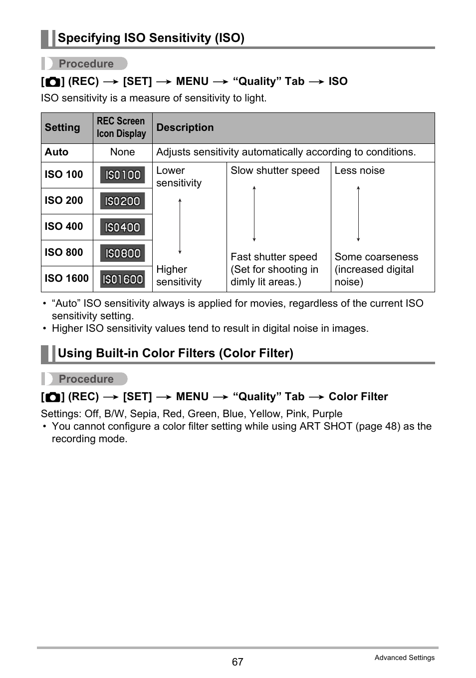 Specifying iso sensitivity (iso), Using built-in color filters (color filter) | Casio EX-ZS50 User Manual | Page 67 / 133