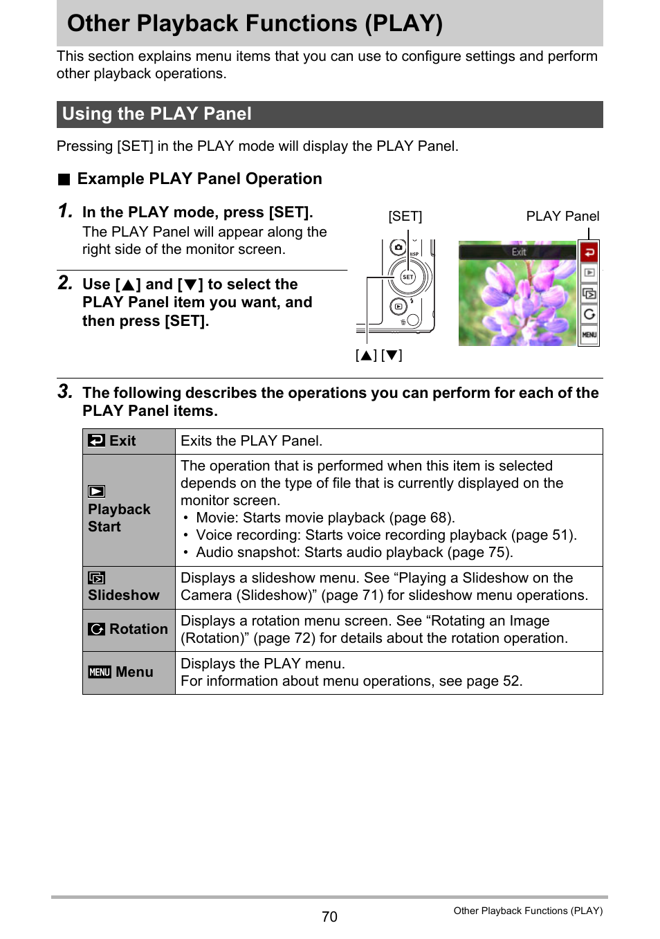 Other playback functions (play), Using the play panel, Other playback functions | Play) 70 | Casio EX-ZS50 User Manual | Page 70 / 133