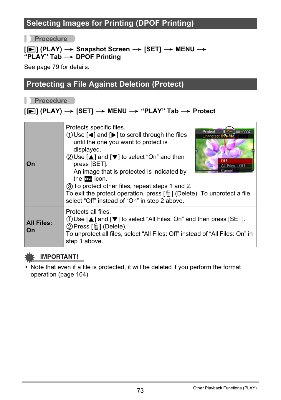 Selecting images for printing (dpof printing), Protecting a file against deletion (protect) | Casio EX-ZS50 User Manual | Page 73 / 133