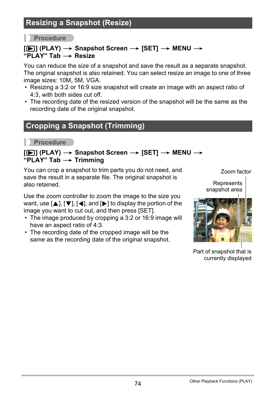 Resizing a snapshot (resize), Cropping a snapshot (trimming) | Casio EX-ZS50 User Manual | Page 74 / 133