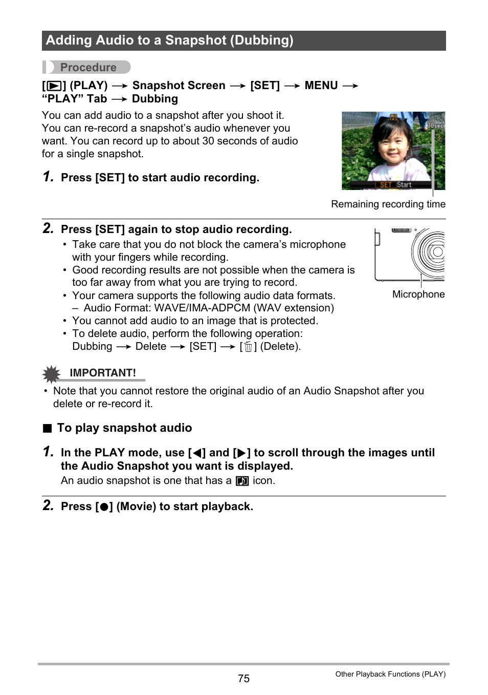 Adding audio to a snapshot (dubbing) | Casio EX-ZS50 User Manual | Page 75 / 133
