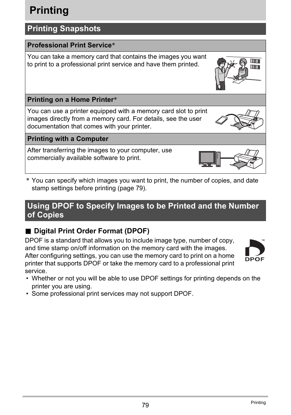 Printing, Printing snapshots | Casio EX-ZS50 User Manual | Page 79 / 133