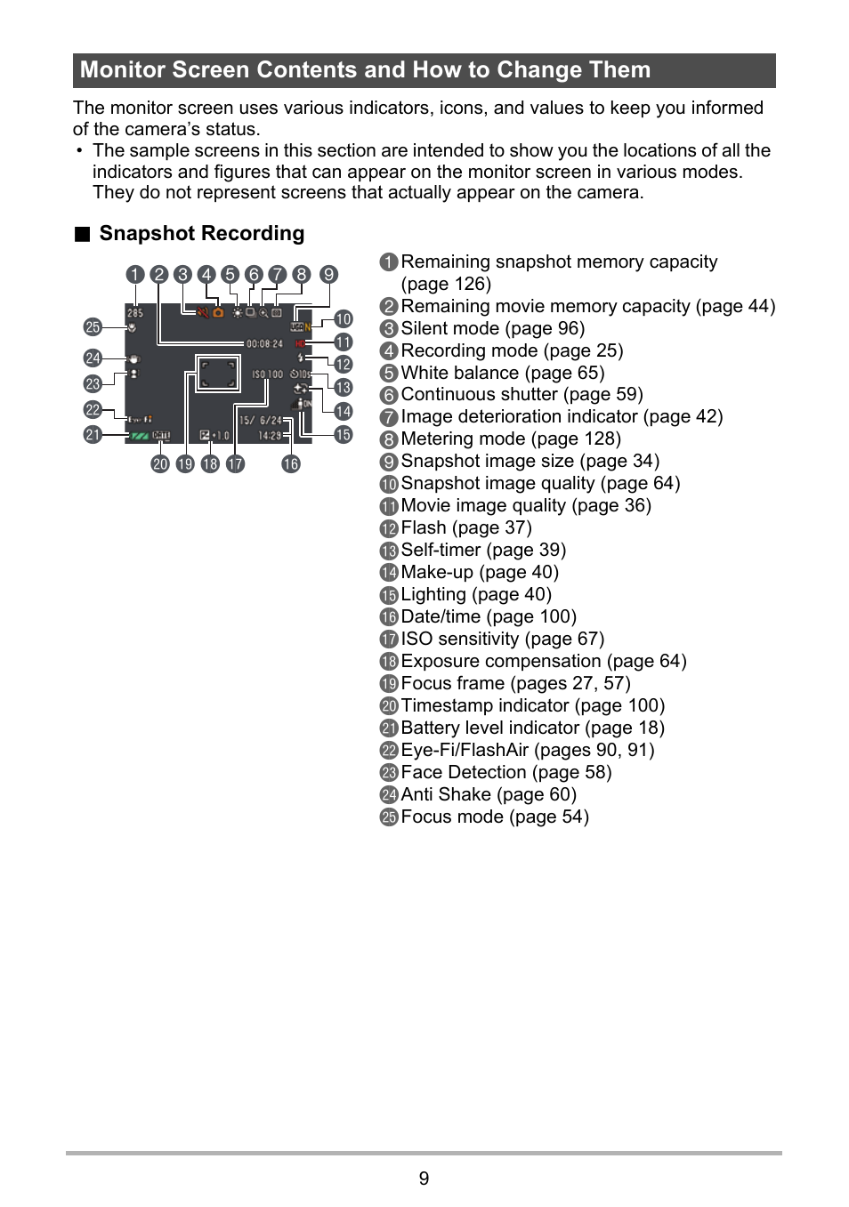 Monitor screen contents and how to change them | Casio EX-ZS50 User Manual | Page 9 / 133