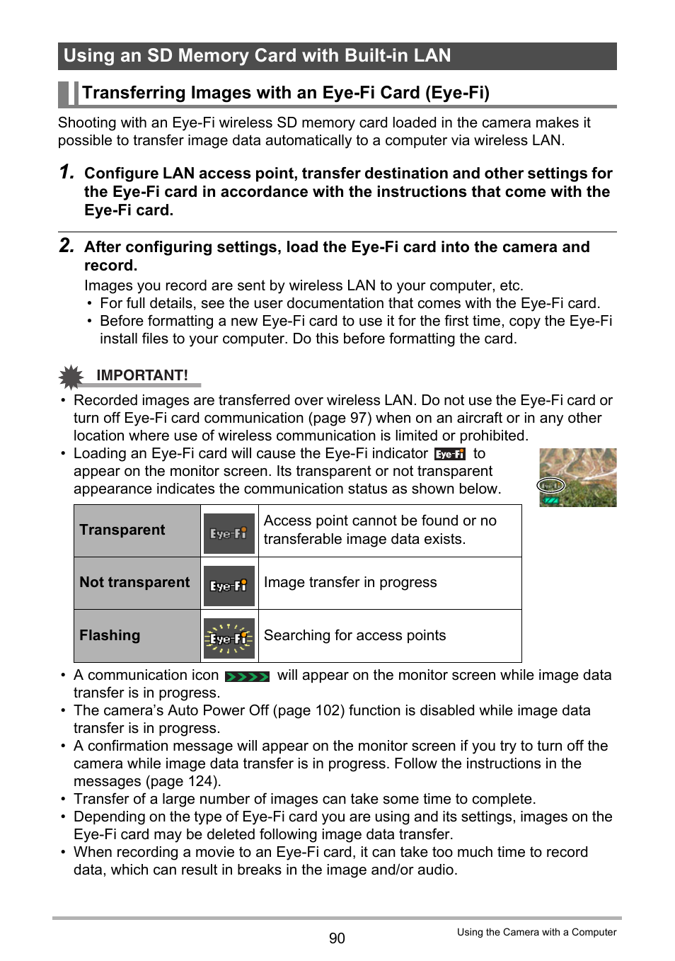 Using an sd memory card with built-in lan, Transferring images with an eye-fi card (eye-fi) | Casio EX-ZS50 User Manual | Page 90 / 133