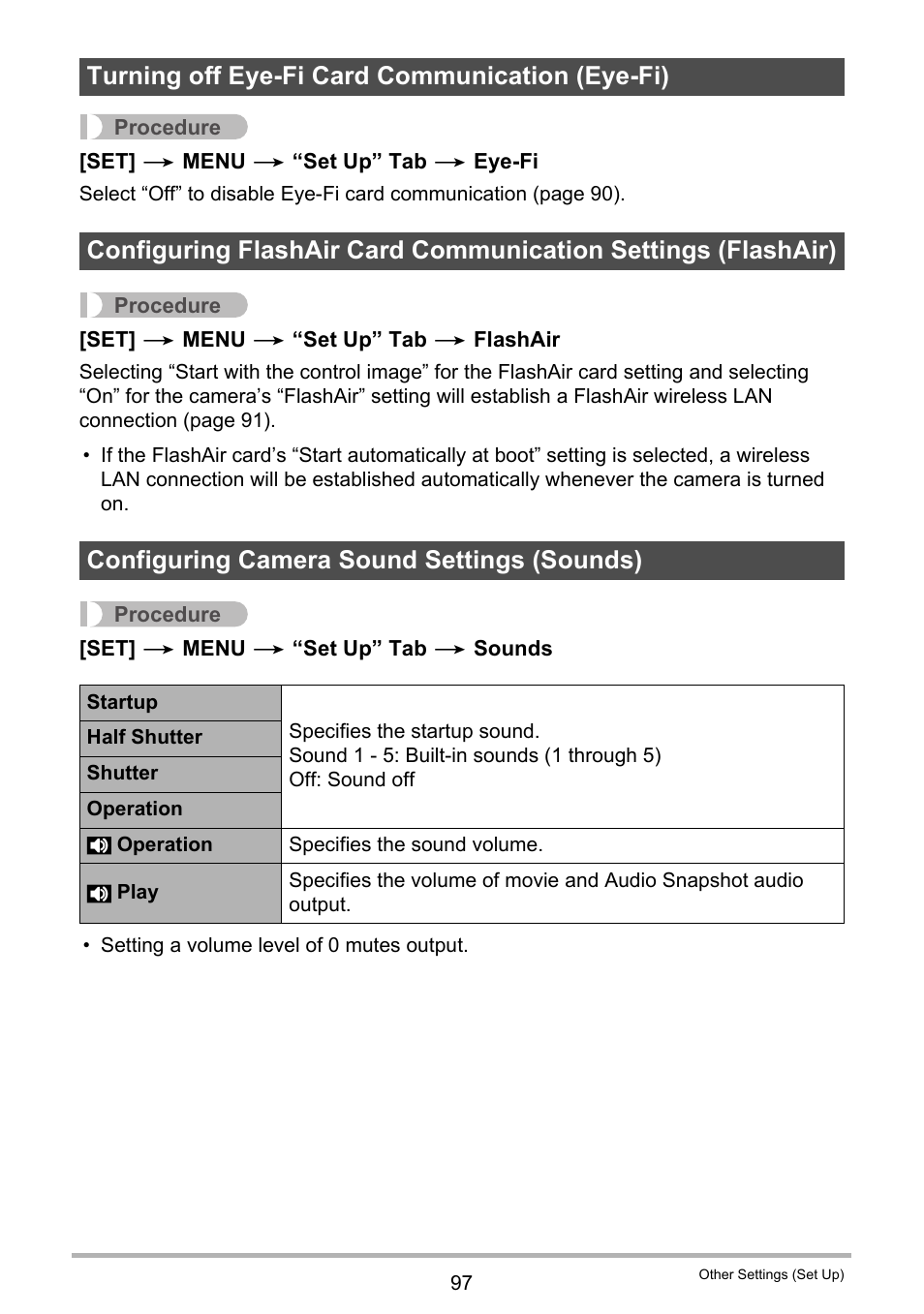 Turning off eye-fi card communication (eye-fi), Configuring camera sound settings (sounds), E 97) | Casio EX-ZS50 User Manual | Page 97 / 133