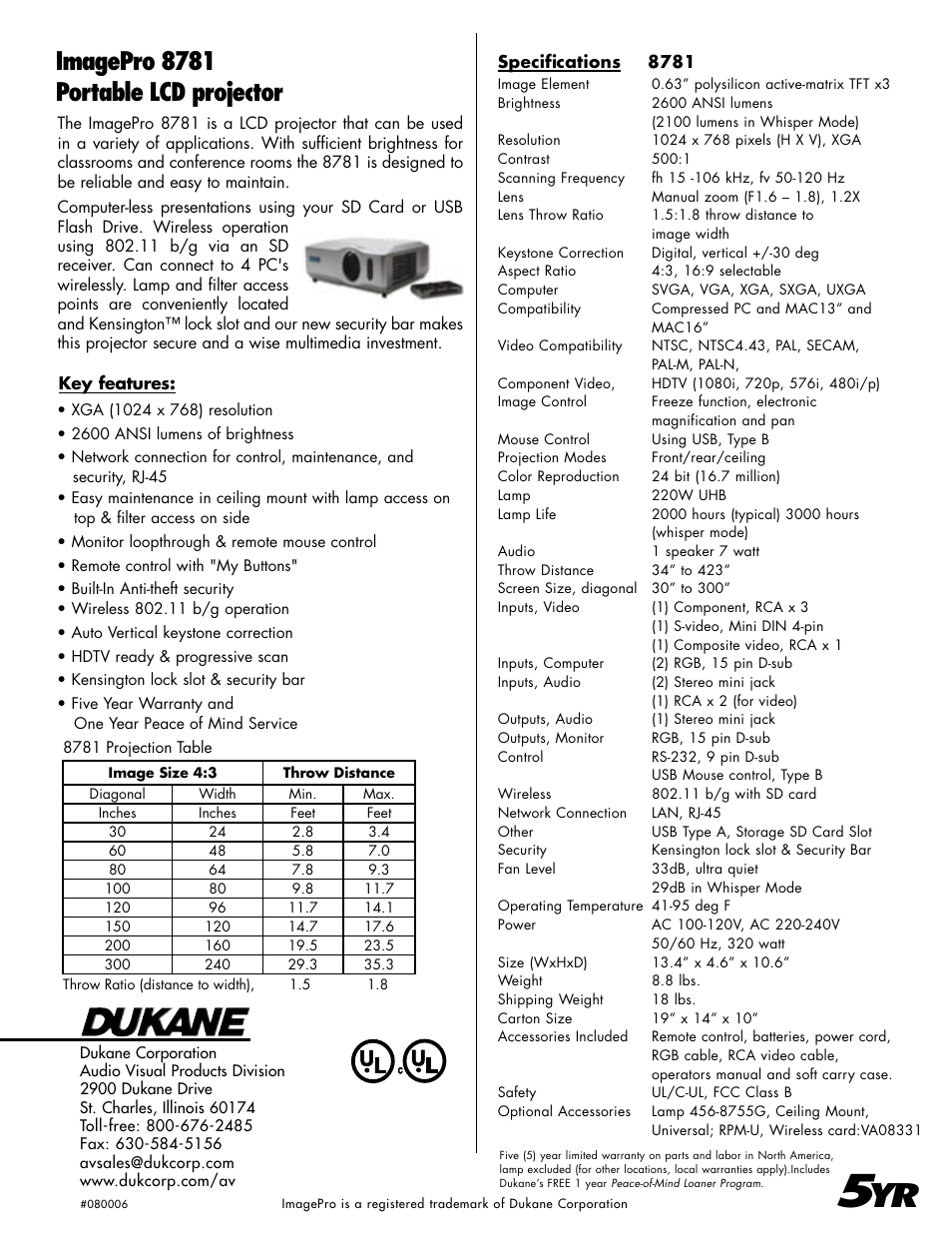 Imagepro 8781 portable lcd projector | Dukane ImagePro 8781 User Manual | Page 2 / 2