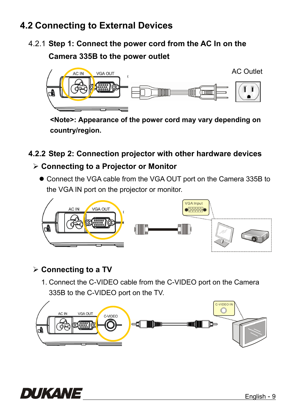 Connecting to external devices, 2 connecting to external devices | Dukane Camera Visual Presenter 335B User Manual | Page 10 / 32
