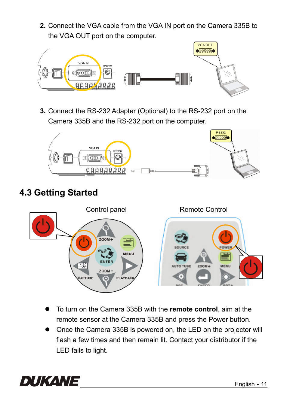 Getting started, 3 getting started | Dukane Camera Visual Presenter 335B User Manual | Page 12 / 32