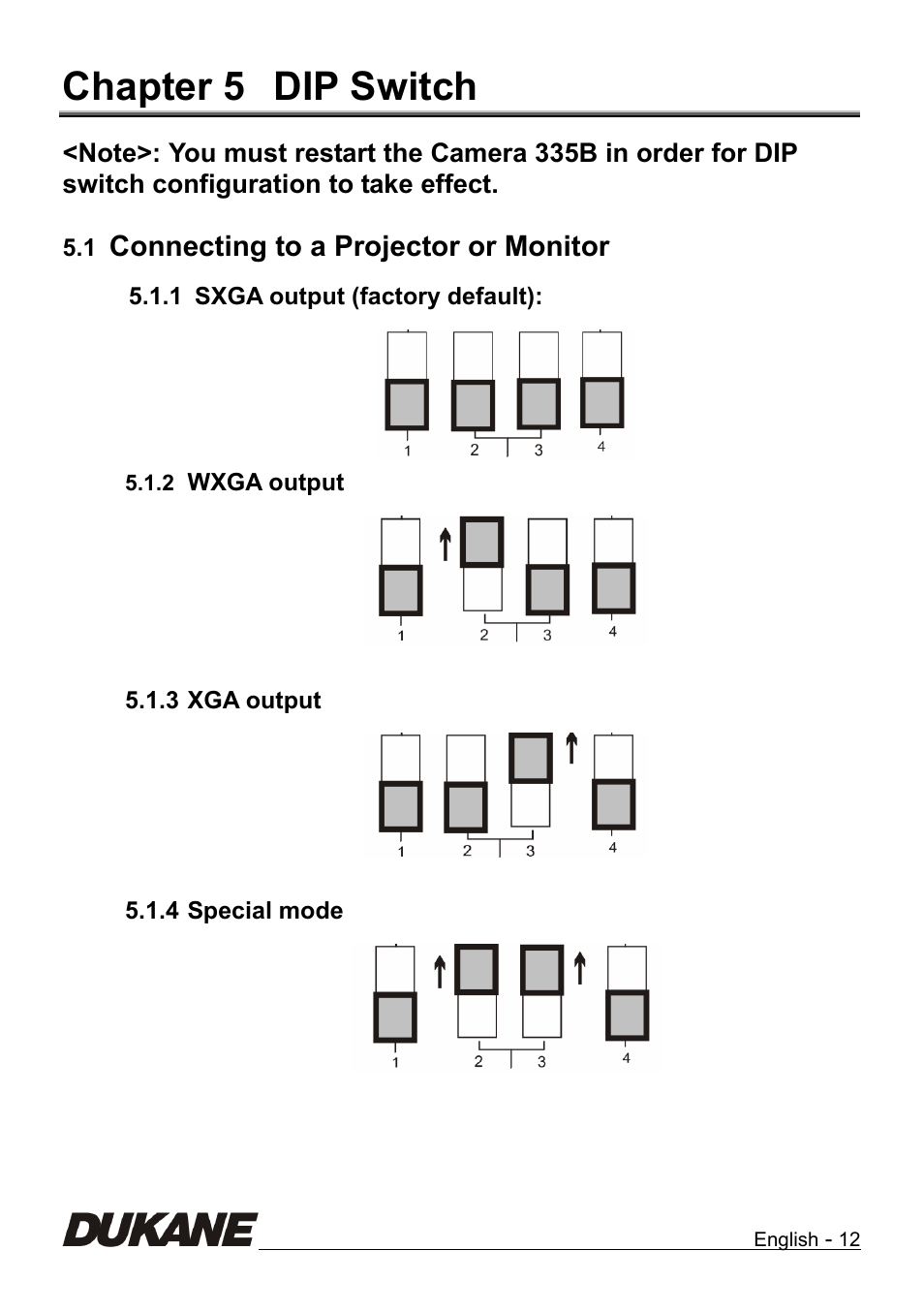 Chapter 5, Dip switch, Connecting to a projector or monitor | Chapter 5 dip switch | Dukane Camera Visual Presenter 335B User Manual | Page 13 / 32