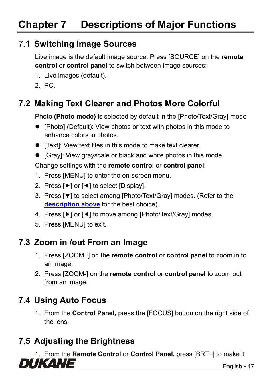 Chapter 7, Descriptions of major functions, Switching image sources | Making text clearer and photos more colorful, Zoom in /out from an image, Using auto focus, Adjusting the brightness, Chapter 7 descriptions of major functions, 1 switching image sources, 2 making text clearer and photos more colorful | Dukane Camera Visual Presenter 335B User Manual | Page 18 / 32