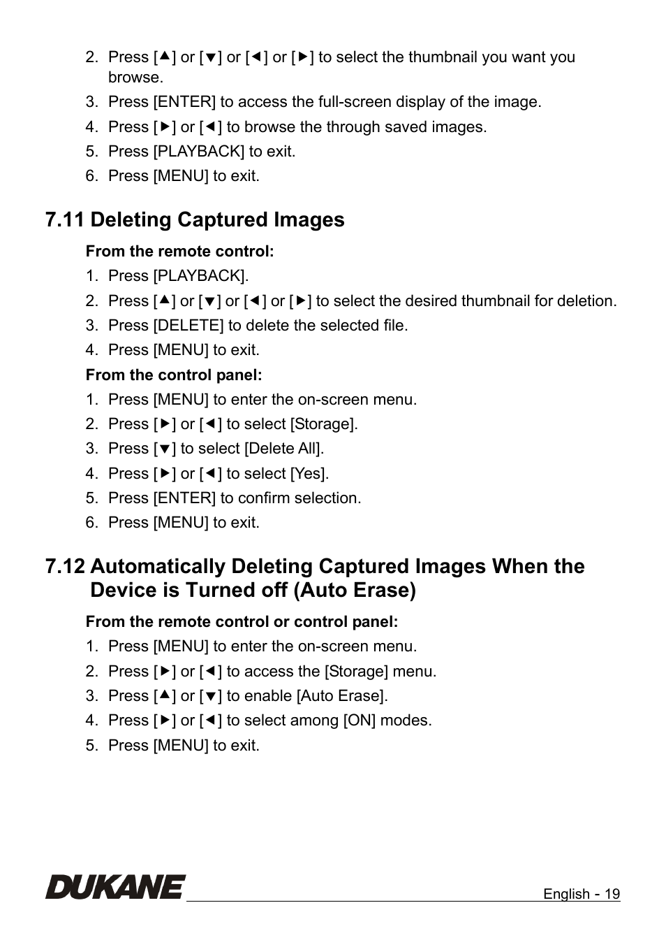 Deleting captured images, Off (auto erase), 11 deleting captured images | Dukane Camera Visual Presenter 335B User Manual | Page 20 / 32