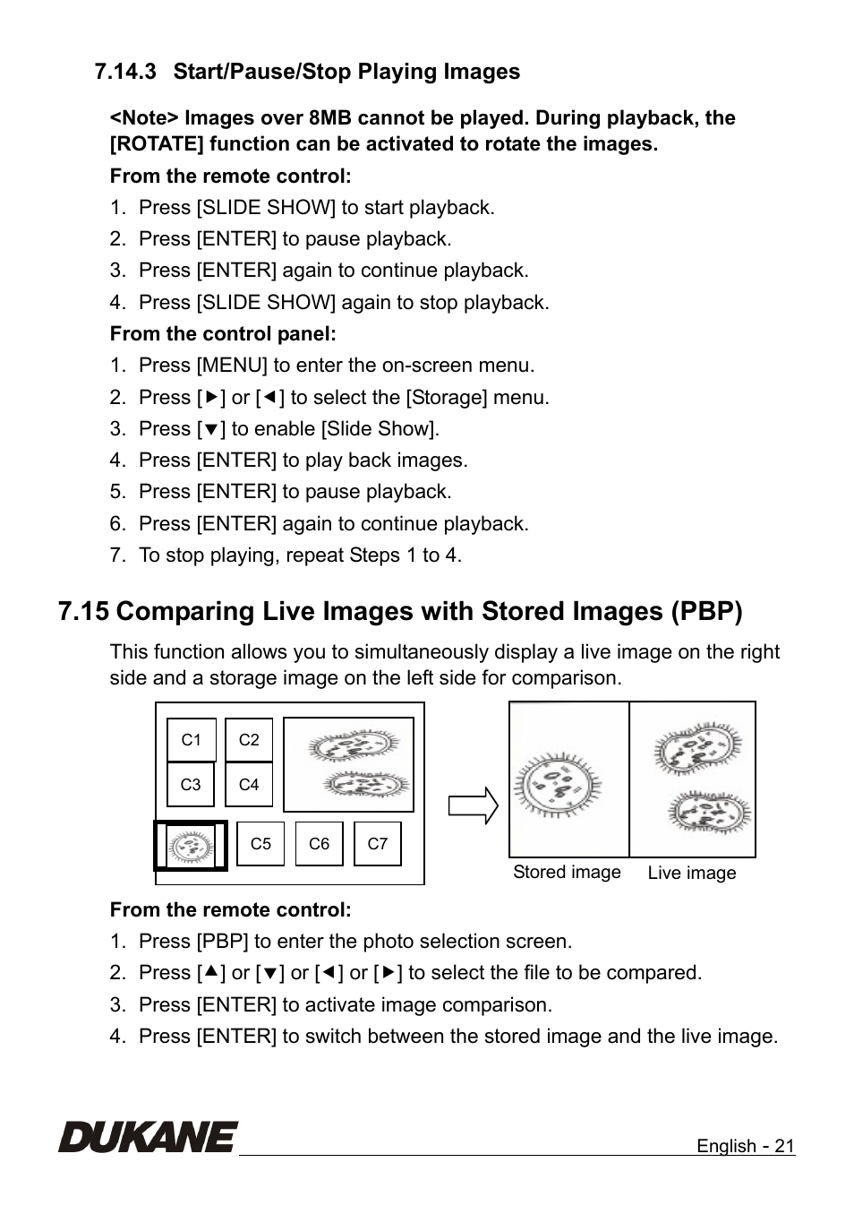 Comparing live images with stored images (pbp), 15 comparing live images with stored images (pbp) | Dukane Camera Visual Presenter 335B User Manual | Page 22 / 32