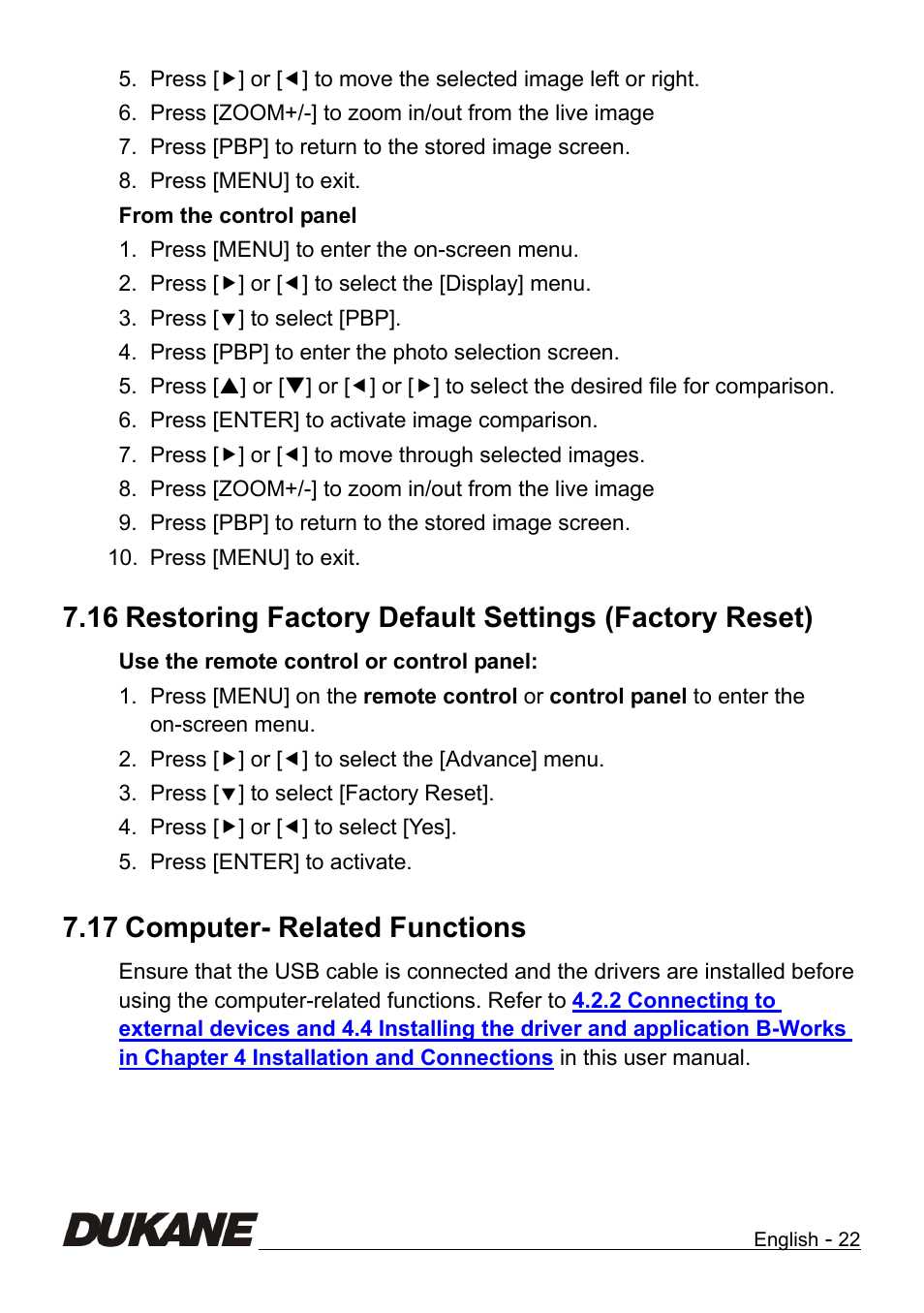 Restoring factory default settings (factory reset), Computer- related functions, 17 computer- related functions | Dukane Camera Visual Presenter 335B User Manual | Page 23 / 32