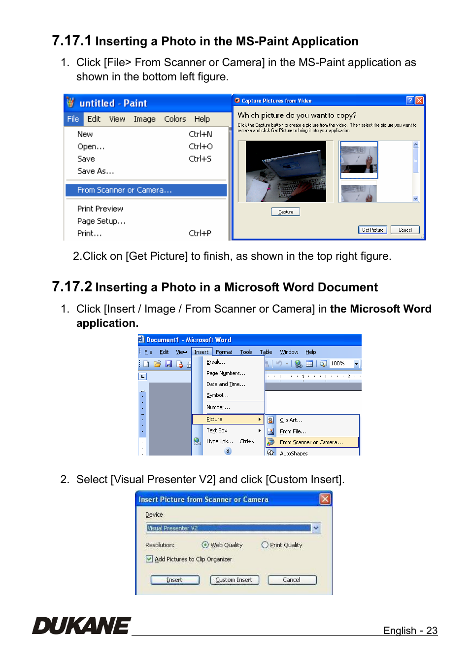 Inserting a photo in the ms-paint application, Inserting a photo in a microsoft word document | Dukane Camera Visual Presenter 335B User Manual | Page 24 / 32