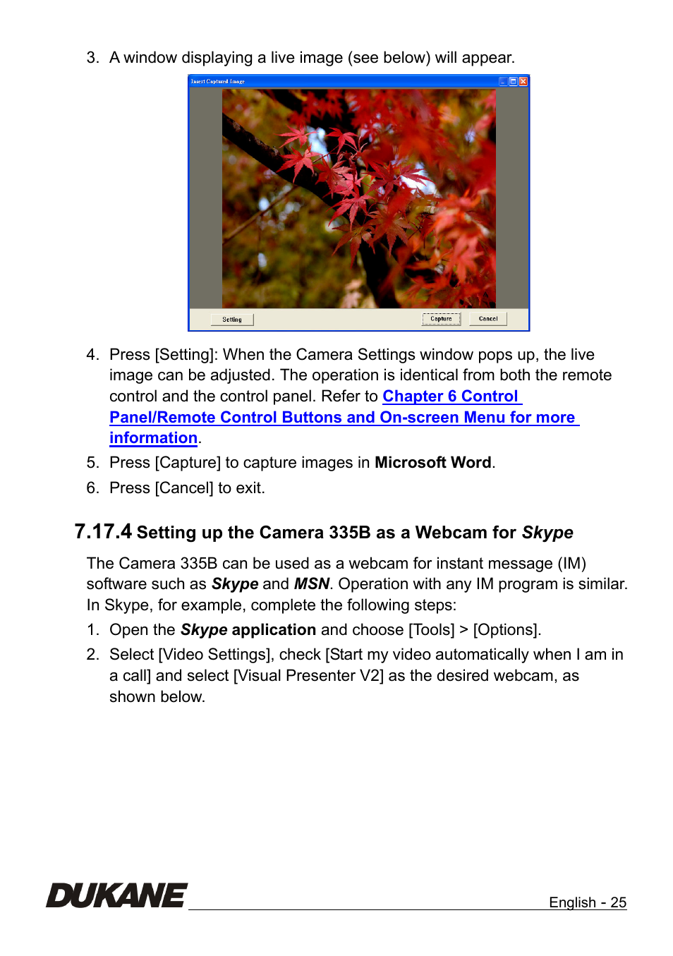 Setting up the camera 335b as a webcam for skype | Dukane Camera Visual Presenter 335B User Manual | Page 26 / 32