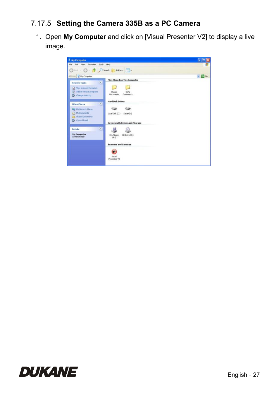 Setting the camera 335b as a pc camera | Dukane Camera Visual Presenter 335B User Manual | Page 28 / 32