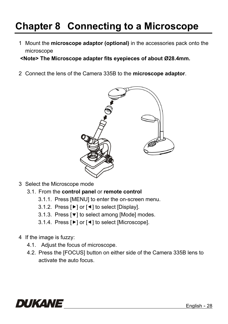 Chapter 8, Connecting to a microscope, Chapter 8 connecting to a microscope | Dukane Camera Visual Presenter 335B User Manual | Page 29 / 32