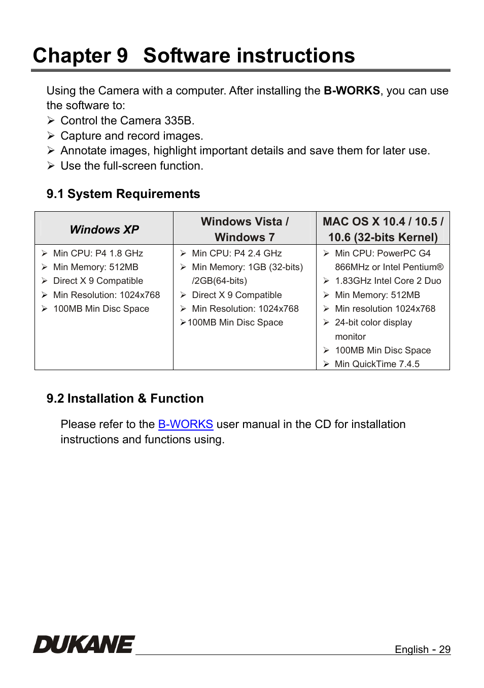 Chapter 9, Software instructions, System requirements | Installation & function, Chapter 9 software instructions, 1 system requirements, 2 installation & function | Dukane Camera Visual Presenter 335B User Manual | Page 30 / 32