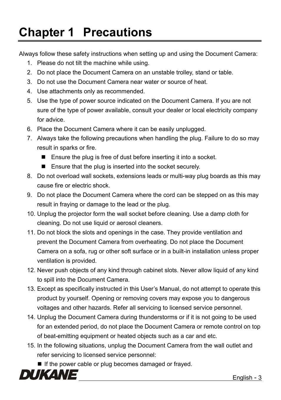 Chapter 1, Precautions, Chapter 1 precautions | Dukane Camera Visual Presenter 335B User Manual | Page 4 / 32