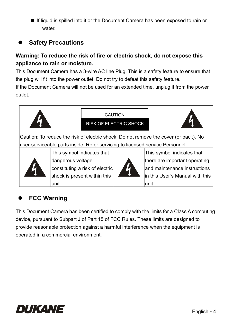 Safety precautions, Fcc warning | Dukane Camera Visual Presenter 335B User Manual | Page 5 / 32