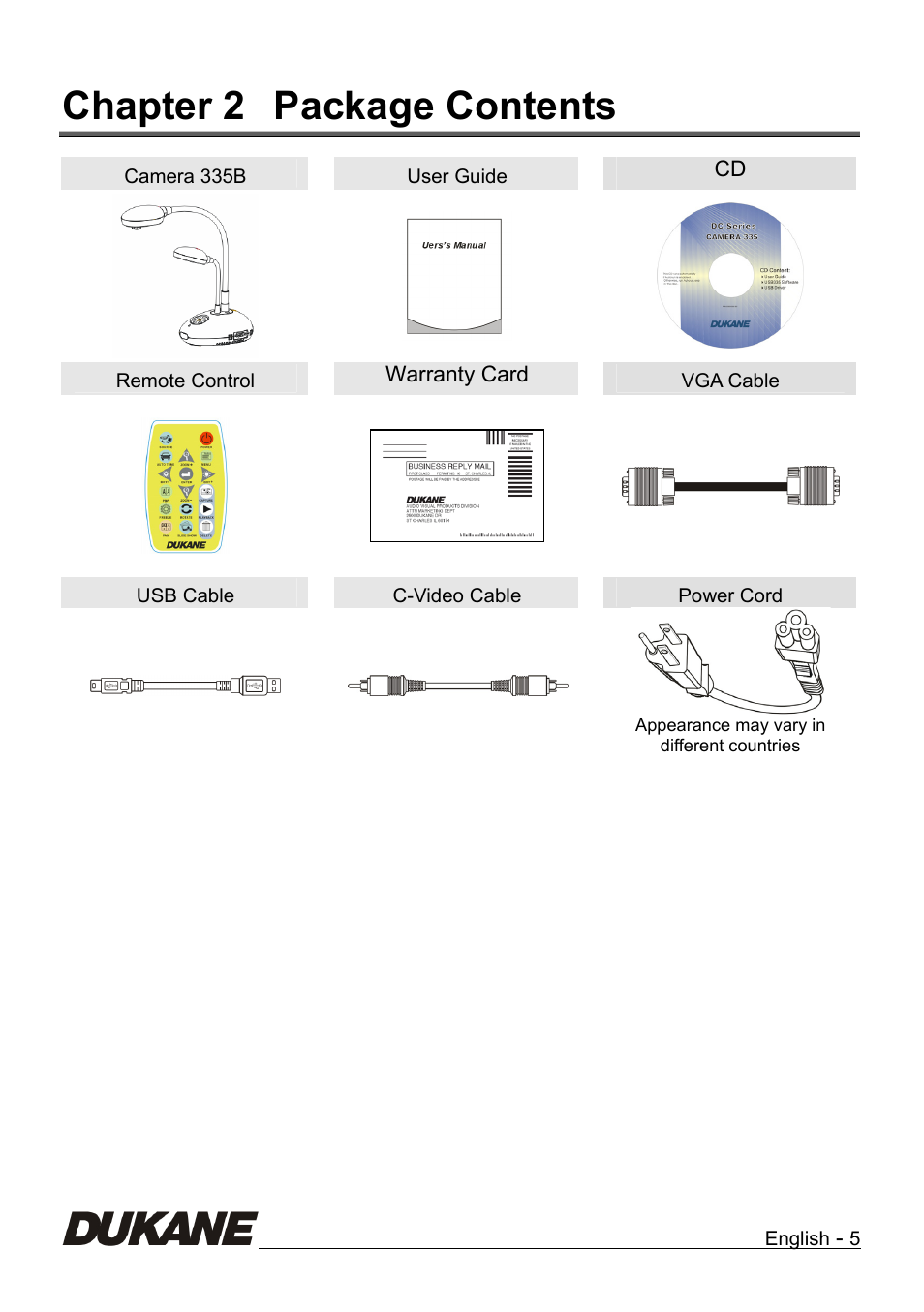 Chapter 2, Package contents, Chapter 2 package contents | Dukane Camera Visual Presenter 335B User Manual | Page 6 / 32