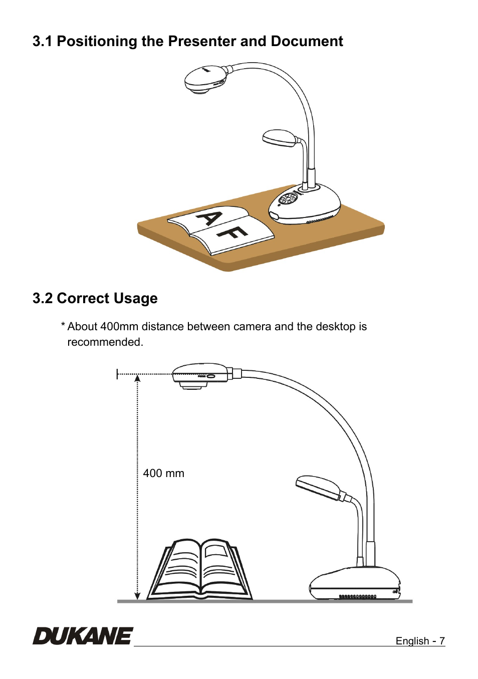 Positioning the presenter and document, Correct usage, 1 positioning the presenter and document | 2 correct usage | Dukane Camera Visual Presenter 335B User Manual | Page 8 / 32