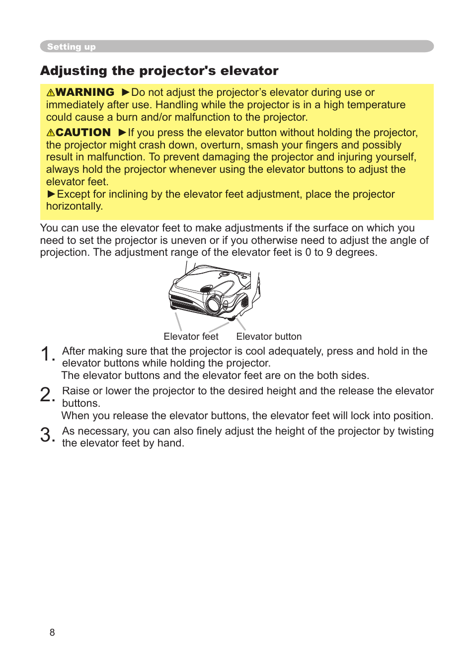 Adjusting the projector's elevator, Elevator foot, Elevator button | Dukane 8911 User Manual | Page 10 / 74