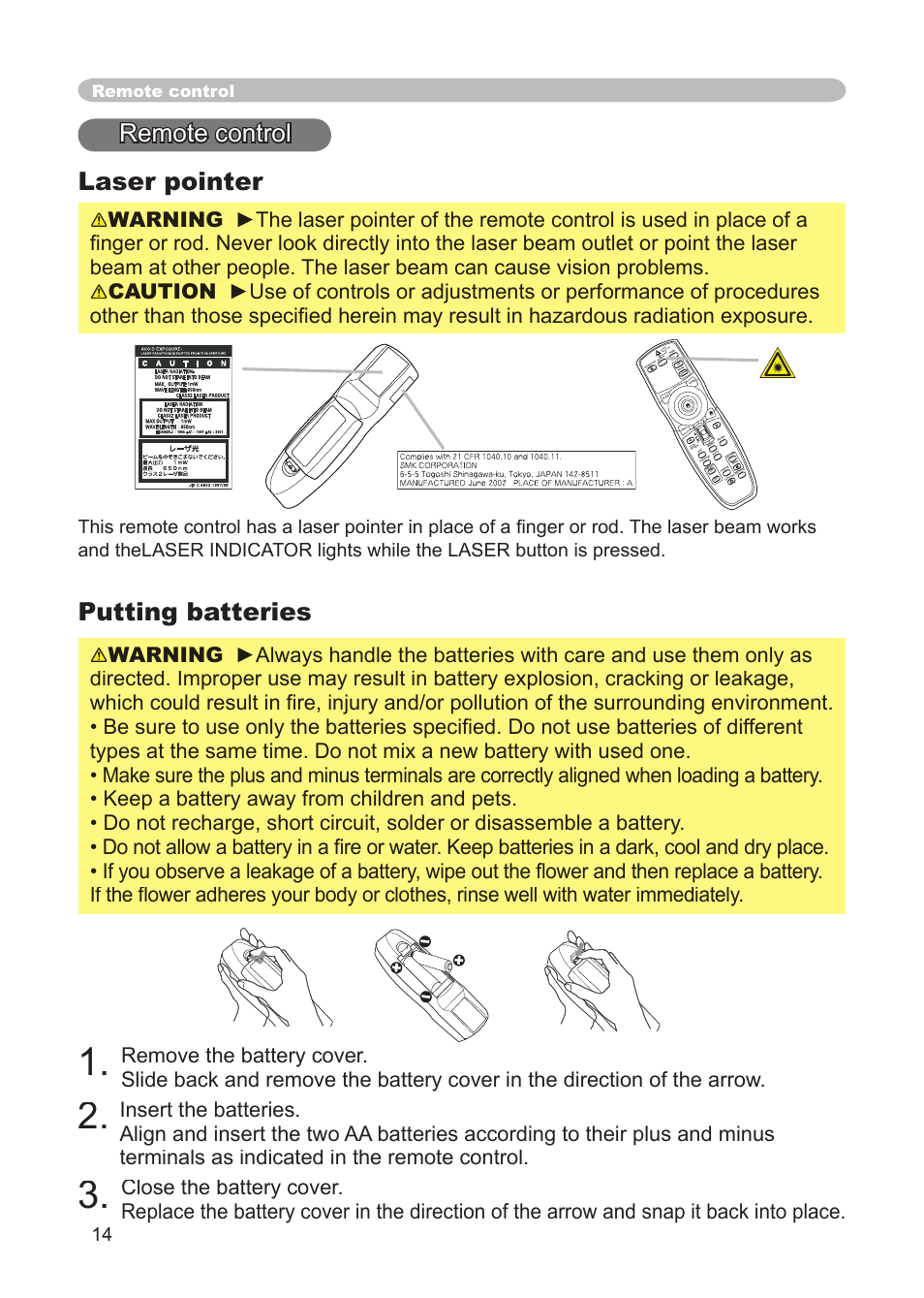 Remote control, Laser pointer, Putting batteries | Laser button, Battery cover | Dukane 8911 User Manual | Page 16 / 74