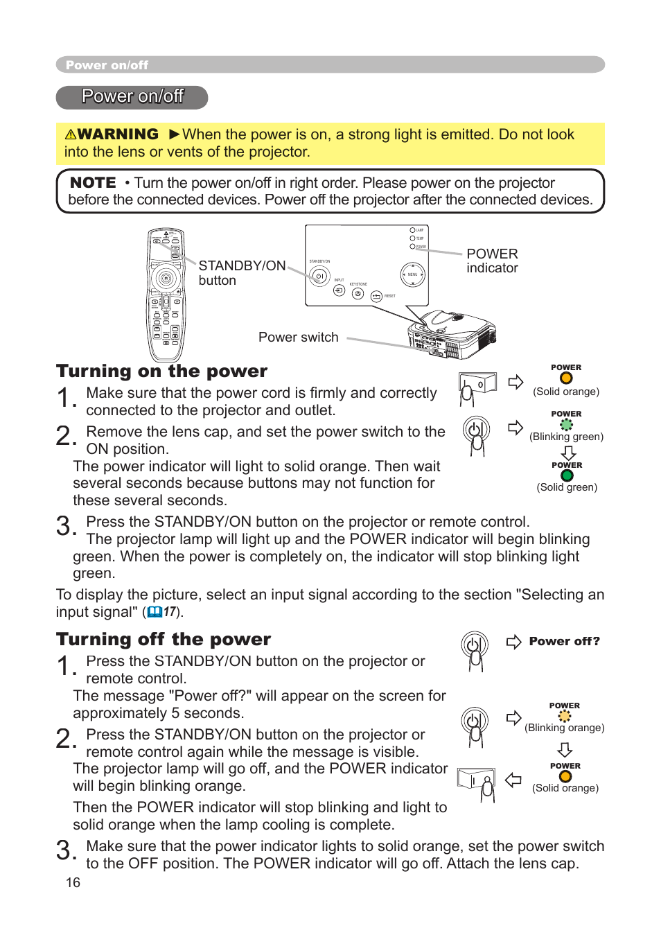 Power on/off, Turning on the power, Turning off the power | Andby/on button, Button, Power indicator, Power switch standby/on button power indicator | Dukane 8911 User Manual | Page 18 / 74