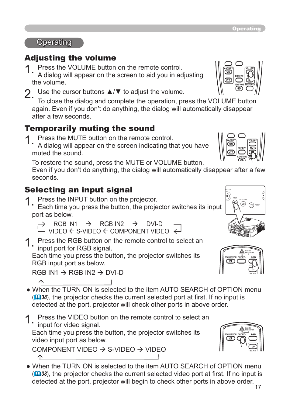 Operating, Adjusting the volume, Temporarily muting the sound | Selecting an input signal, Volume button, Mute button, Video button, Button, Operating adjusting the volume, Rgb in1 video rgb in1 rgb in1 | Dukane 8911 User Manual | Page 19 / 74