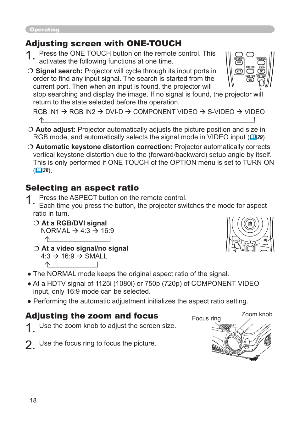 Adjusting screen with one-touch, Selecting an aspect ratio, Adjusting the zoom and focus | Zoom knob, Focus ring, Ouch button, Button, Use the zoom knob to adjust the screen size, Use the focus ring to focus the picture, Zoom knob focus ring | Dukane 8911 User Manual | Page 20 / 74