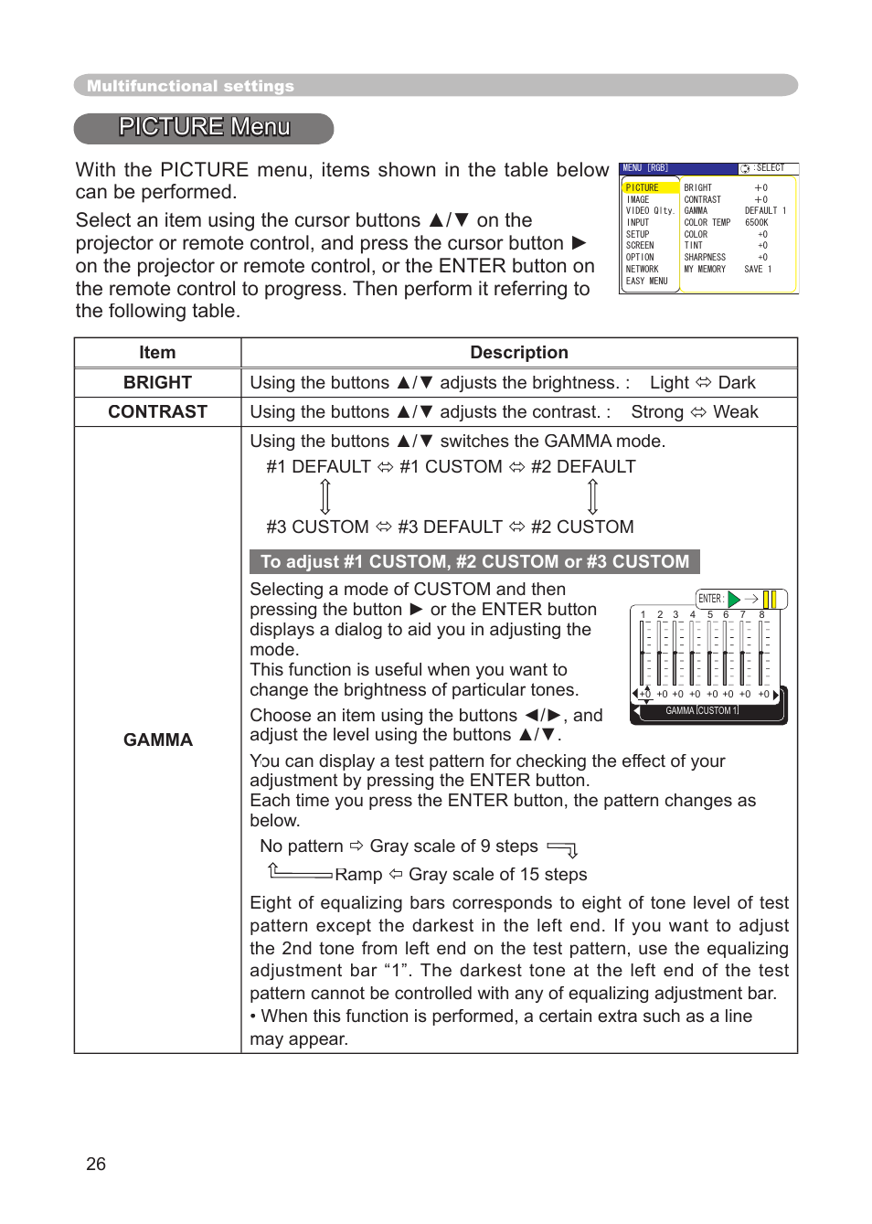 Picture menu, Bright, contrast, gamma, color temp, Color, tint, sharpness, my memory | Ramp | Dukane 8911 User Manual | Page 28 / 74