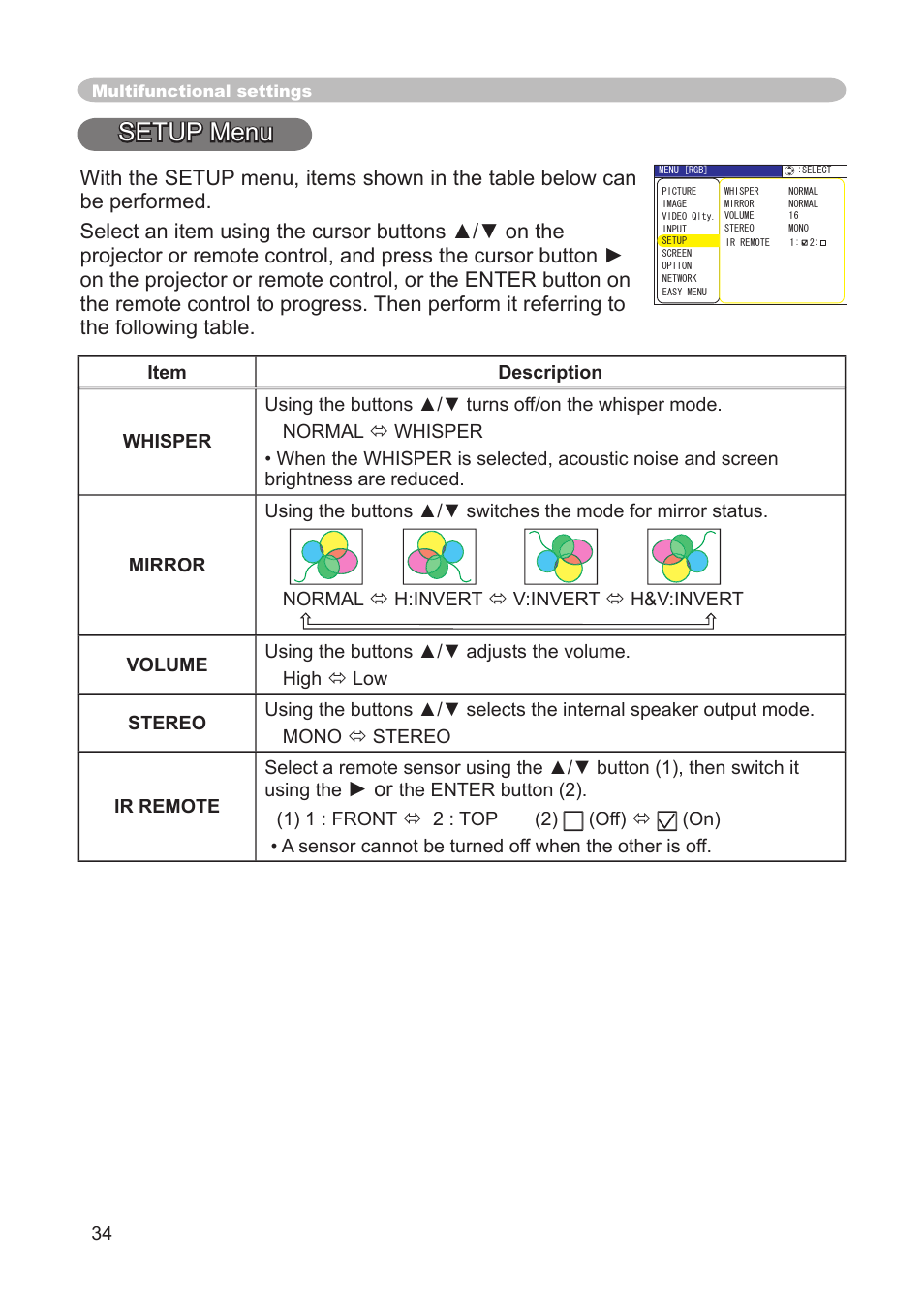 Setup menu, Whisper, mirror, volume, stereo, ir remote | Dukane 8911 User Manual | Page 36 / 74