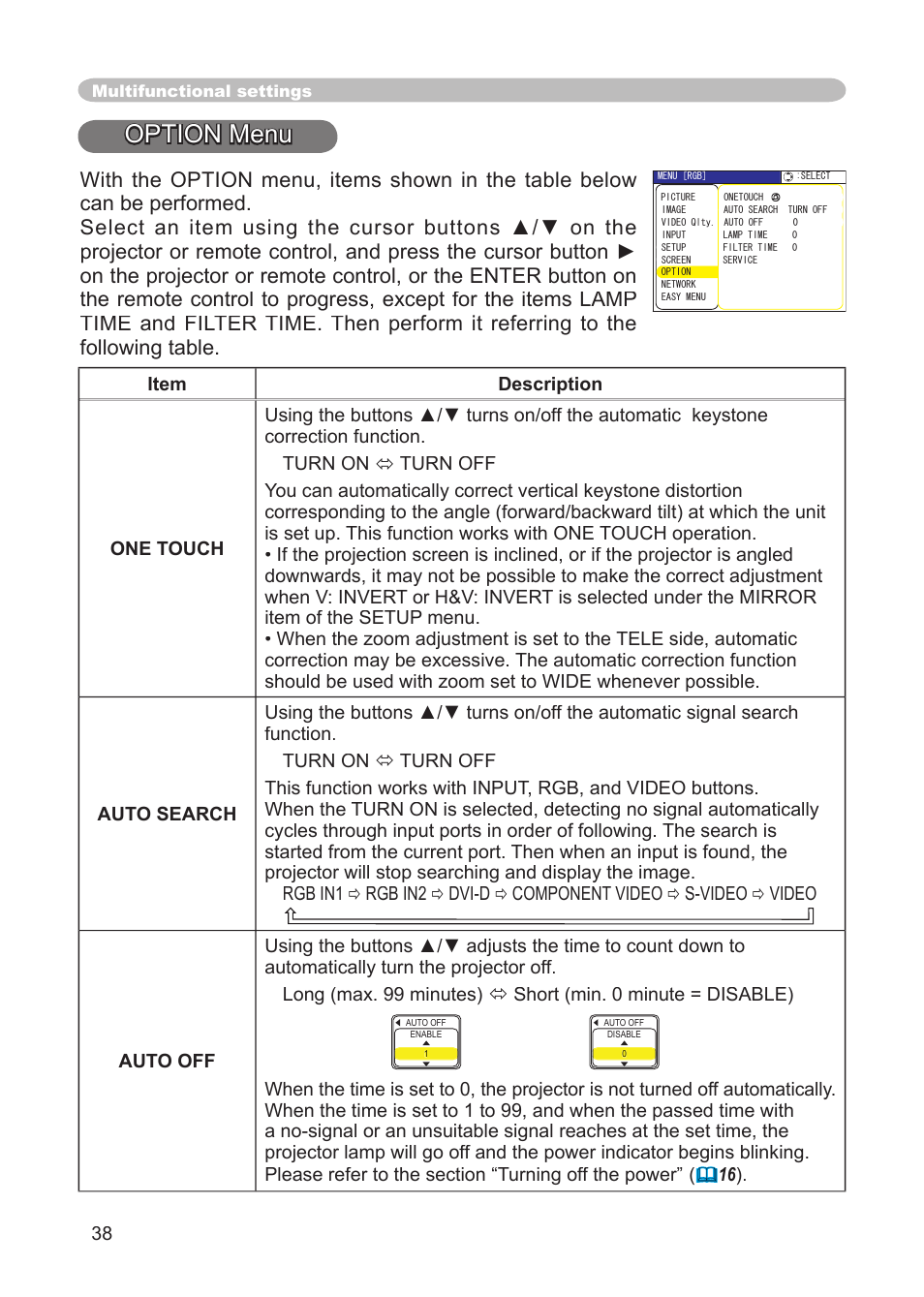 One touch, auto, Search, Time, filter time, service | Option menu | Dukane 8911 User Manual | Page 40 / 74