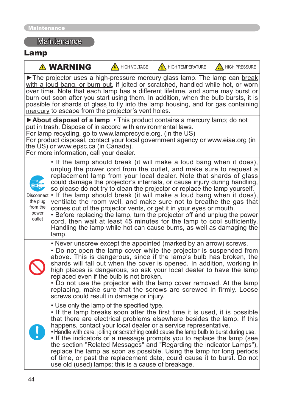 Maintenance, Lamp, Maintenance lamp warning | Dukane 8911 User Manual | Page 46 / 74