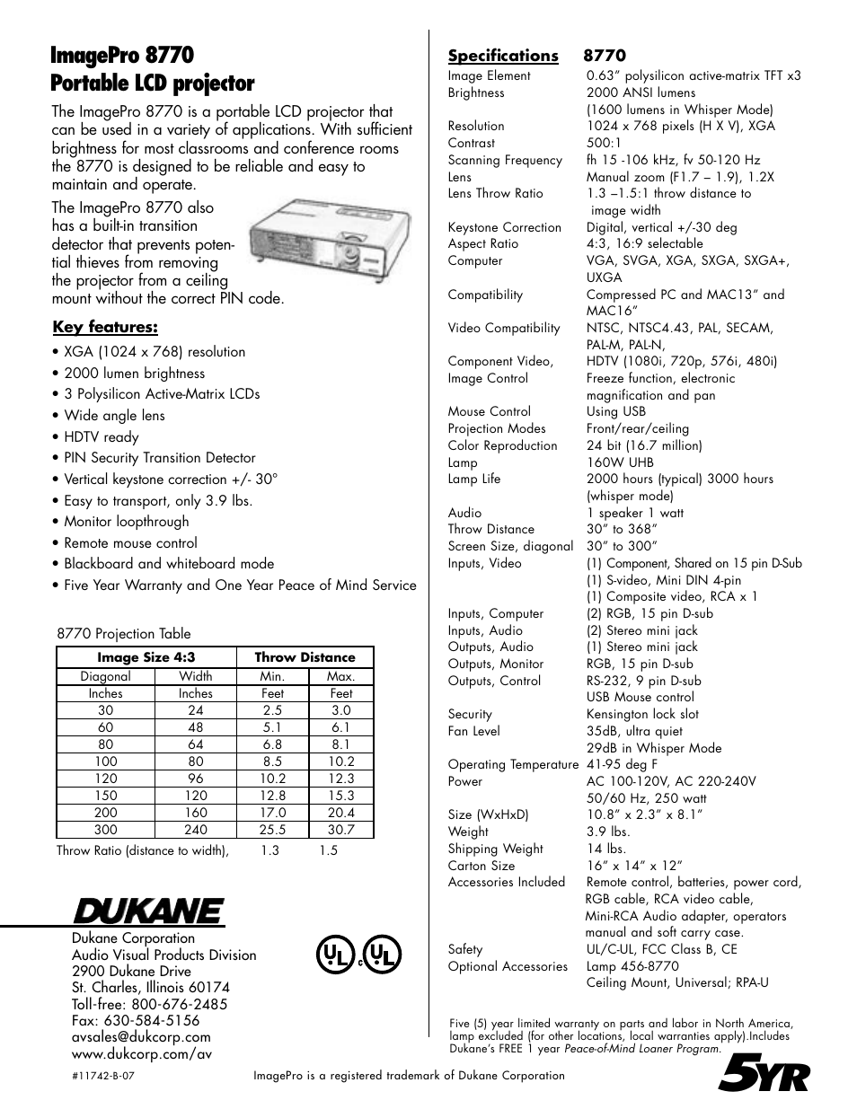 Imagepro 8770 portable lcd projector | Dukane LCD Projector 8770 User Manual | Page 2 / 2
