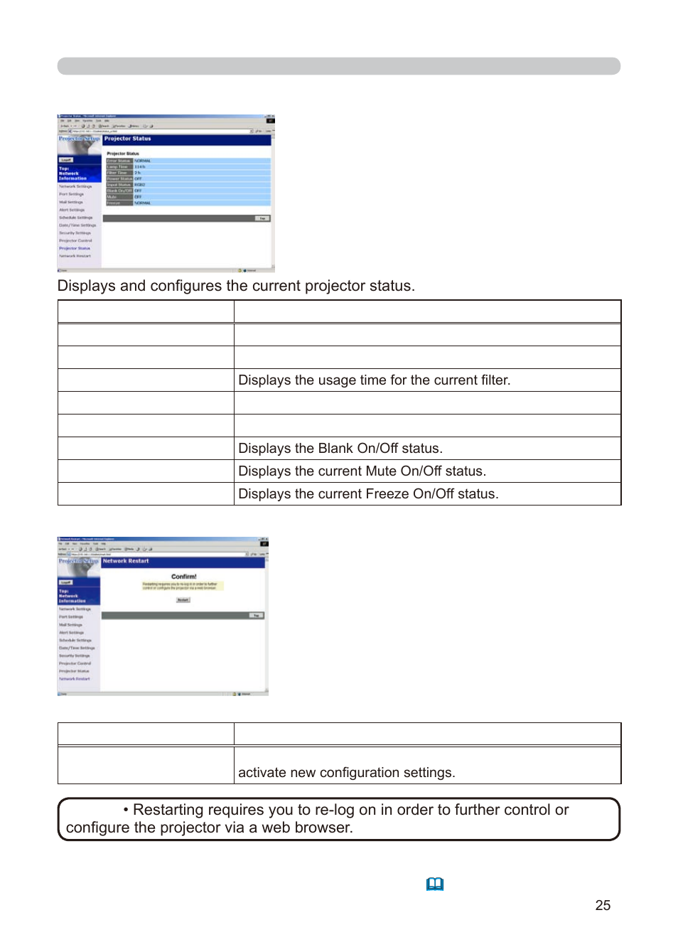 Network restart, Logoff, Projector status | Dukane 8755E-RJ User Manual | Page 111 / 126