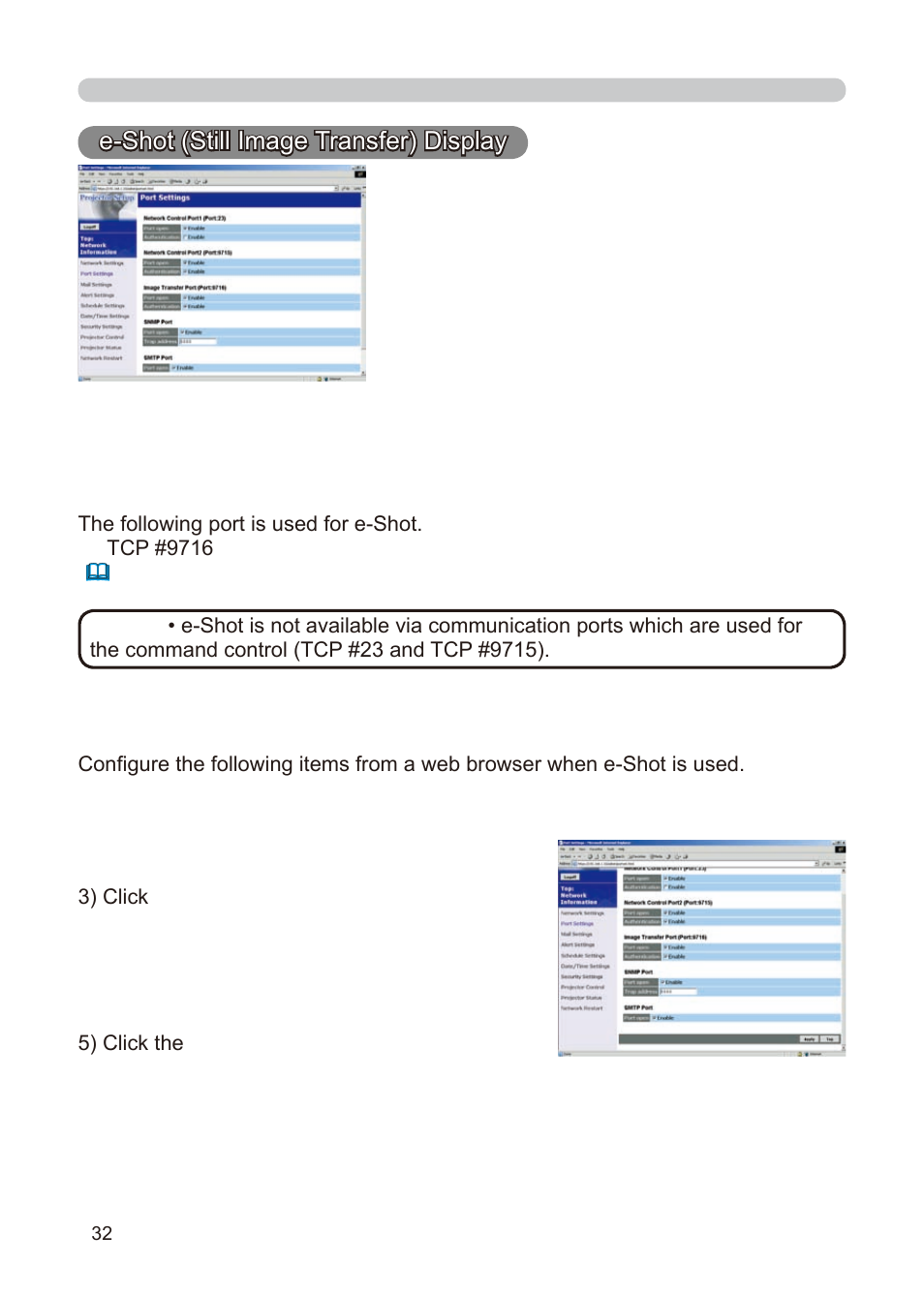 E-shot (still image transfer) display, Communication port, E-shot (still image transfer) settings | Dukane 8755E-RJ User Manual | Page 118 / 126