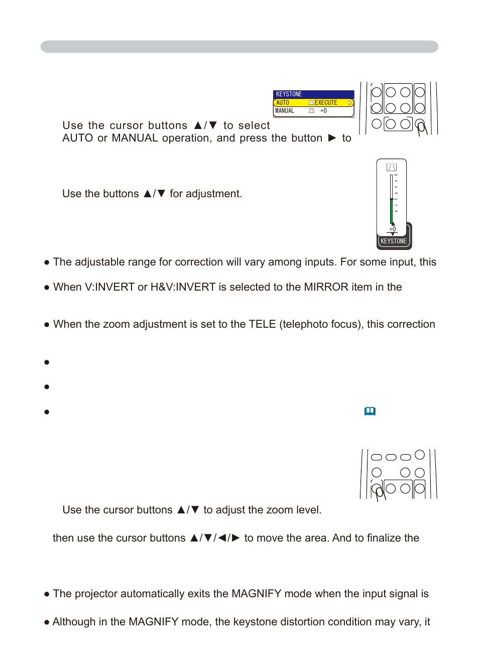 Using the magnify feature, Correcting the keystone distortions, Operating | Dukane 8755E-RJ User Manual | Page 23 / 126